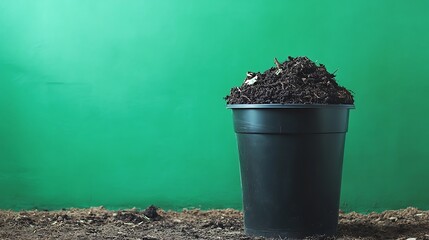 Black Plastic Pot Filled with Soil Against a Green Background