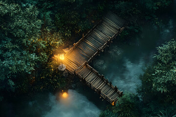 Illustration - Wooden Bridge and Lamp in a Lush Forest