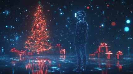 Virtual silhouette beside a luminous festive tree