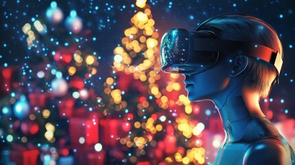 Female android explores Christmas virtual reality