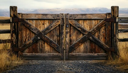 Weathered Wooden Gate with Mountain View