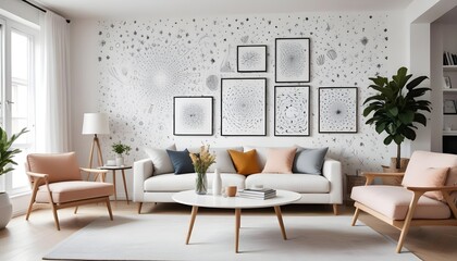 Scandinavian living room interior design zoom background,Doodle patterned wallpaper graphics