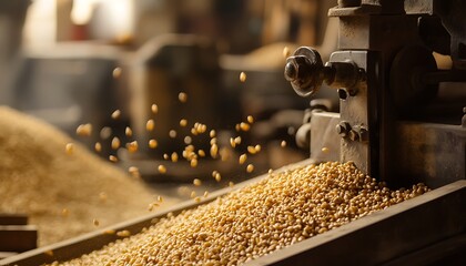 Close-up of Grain Pouring into a Hopper of an Industrial Machine