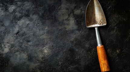 Rusted Metal Garden Trowel with Wooden Handle on Dark Surface