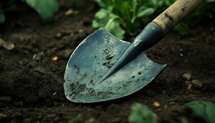 A Weathered Shovel Resting in Dark Soil
