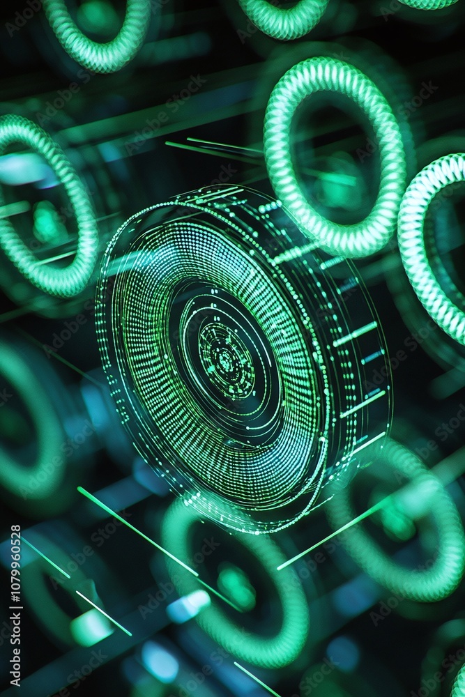 Poster high-tech digital interface with neon green circles and patterns, capturing futuristic technology an