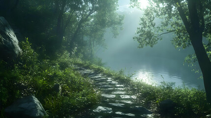 Fototapeta premium 3D Illustration - Misty Forest Path by the Lake at Sunrise