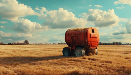 Red Hay Wagon in a Golden Field Under a Cloudy Sky