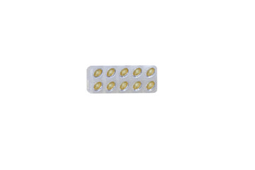 Blister pack of pills isolated, medicine for the treatment of the disease, medicine in a silver blister pack, yellow gel tablet