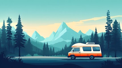 A Camper Van Drives Along a Road Through a Forest with Mountains in the Background