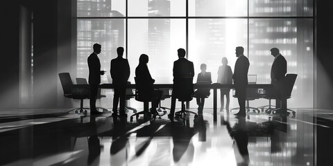 Silhouettes of businesspeople in a meeting room, standing around a table in front of a large window with city lights.