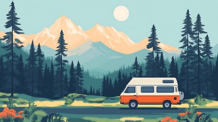 A Retro Camper Van Parked in a Forest with Majestic Mountains in the Background