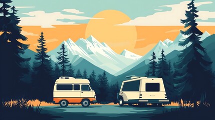 Two Camper Vans Parked in Front of Mountain Range at Sunset