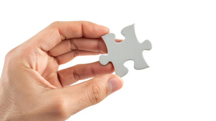 Hand holding single piece of puzzle on white transparent background
