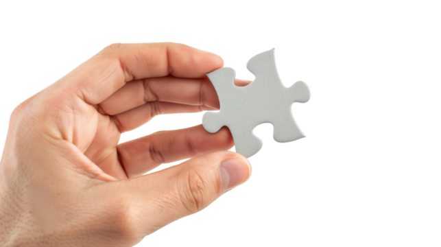 Hand holding single piece of puzzle on white transparent background

