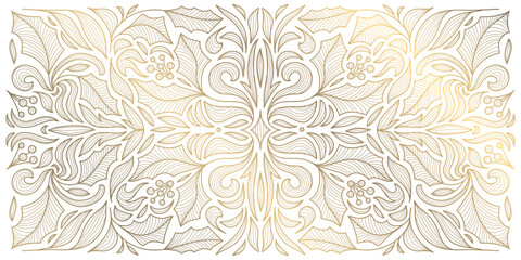 Vector Christmas line gold ornament, line branches winter vintage background, fancy nature elegant pattern with leaves. Holiday decor.