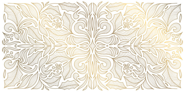 Vector Christmas line gold ornament, line branches winter vintage background, fancy nature elegant pattern with leaves. Holiday decor.
