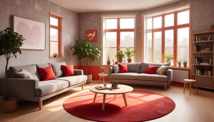 Fototapeta premium Scandinavian living room interior design zoom background,Doodle patterned wallpaper graphics