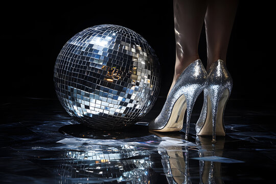 Shiny silver high heels paired with a dazzling disco ball on a reflective surface. Perfect for party themes, nightlife fashion, or glamorous celebration vibes with elegance and style.