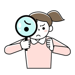 険しい表情で虫メガネをのぞく若い女性の上半身