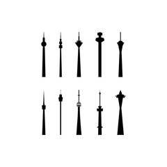 Fototapeta premium Tv and radio tower vector icon collection. Isolated black and white contours and logo pack for web design, infographics