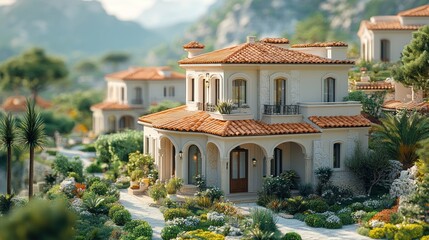 Elegant villa surrounded by lush gardens and scenic mountains.