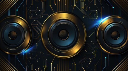Fototapeta premium Golden Speakers with Circuitry Background