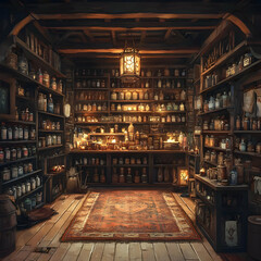 Illustration - Apothecary's Shop Interior Jars, Bottles, Shelves, Rug, and Warm Lighting