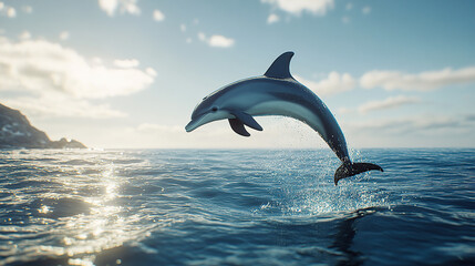 Obraz premium A realistic dolphin jumping out of the water, with a clear blue sky and the sun shining on it