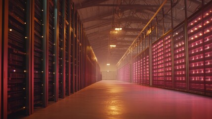 A massive data center filled with racks of servers stretching into the distance, the soft hum of cooling fans and the glow of status lights illuminating the room