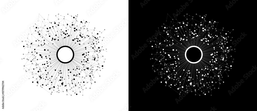 Fototapete Connecting many dots with circle in center via lines. Big Data concept. Design element or icon. Black shape on a white background and the same white shape on the black side.
