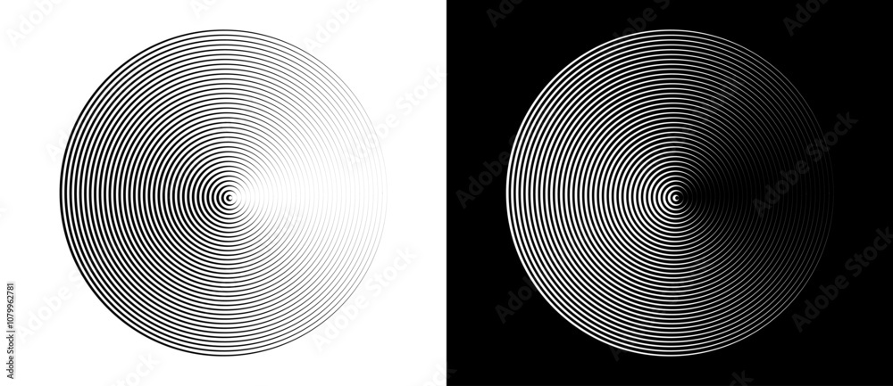 Leinwandbilder Circle with lines abstract background. Illusion of gradient. Black shape on a white background and white lines on the black side.
