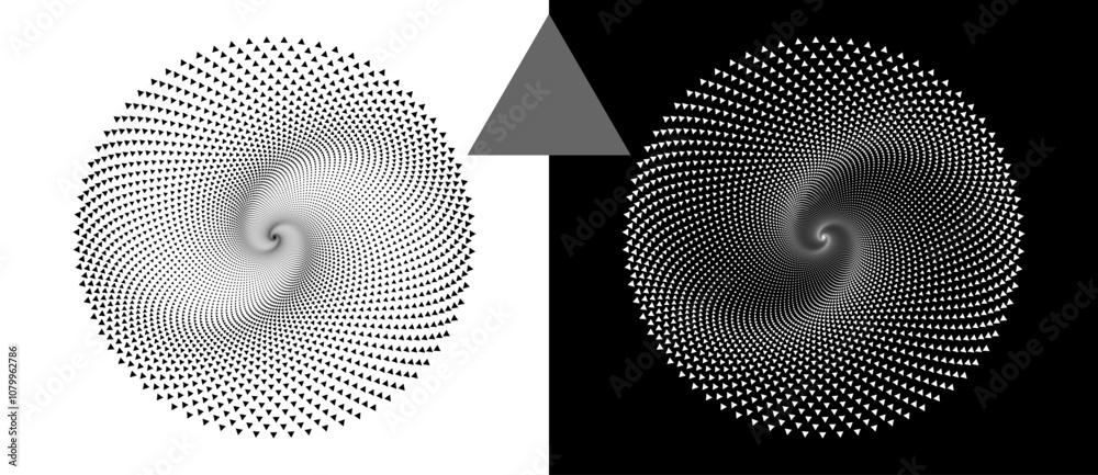 Poster Modern abstract background with halftone triangles in circle form. Round logo. Black shape on a white background and the same white shape on the black side.