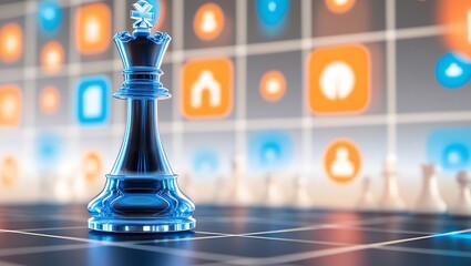 king piece stands against a backdrop of interconnected blue digital lines, symbolizing strategic thinking