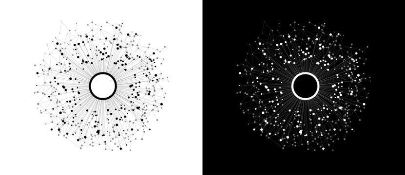 Connecting many dots with circle in center via lines. Big Data concept. Design element or icon. Black shape on a white background and the same white shape on the black side.