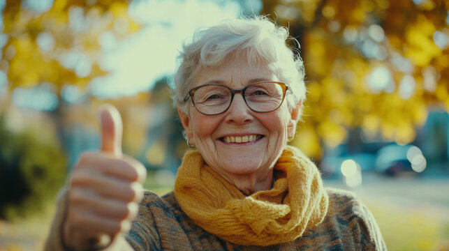 Joyful elderly woman giving thumbs up 