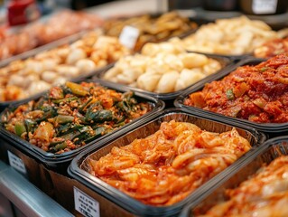 Obraz premium A colorful display of various Korean side dishes, highlighting vibrant textures and flavors in traditional containers.