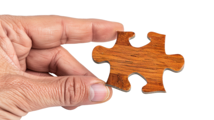 Hand holding single piece of puzzle on white transparent background
