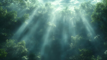 Fototapeta premium 3D Illustration - Sunbeams Through Misty Forest Canopy