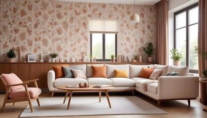 Fototapeta premium Scandinavian living room interior design zoom background,Doodle patterned wallpaper graphics