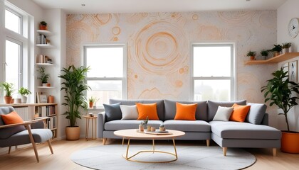 Scandinavian living room interior design zoom background,Doodle patterned wallpaper graphics