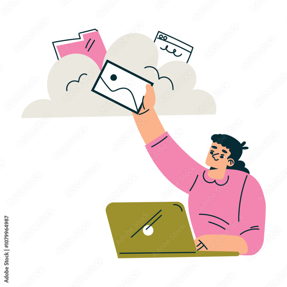 Aufkleber productive workflow with woman at laptop store document in cloud managing task vector illustration