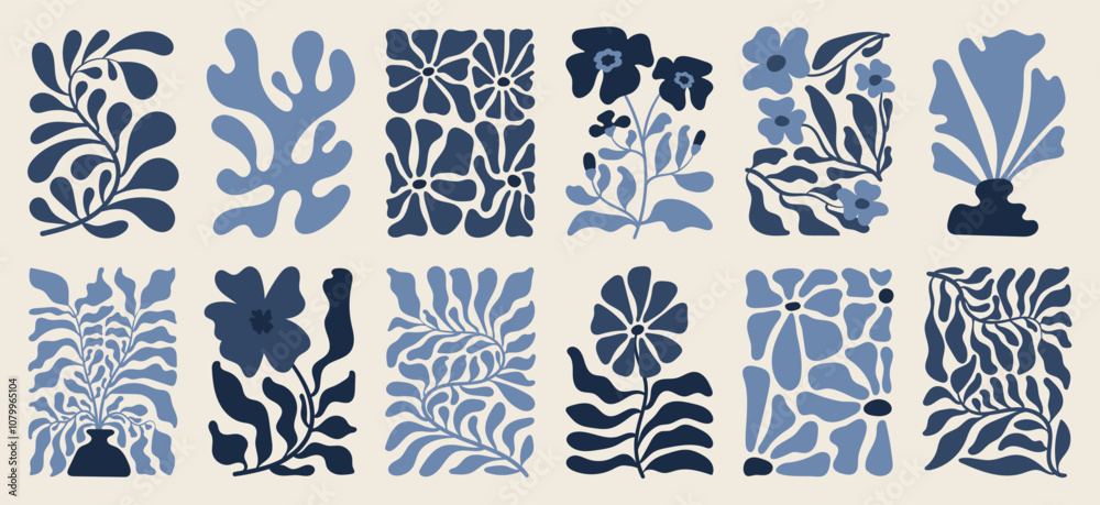 Aufkleber botanical doodle background art vector set. flower and leaves abstract shape doodle art design for p