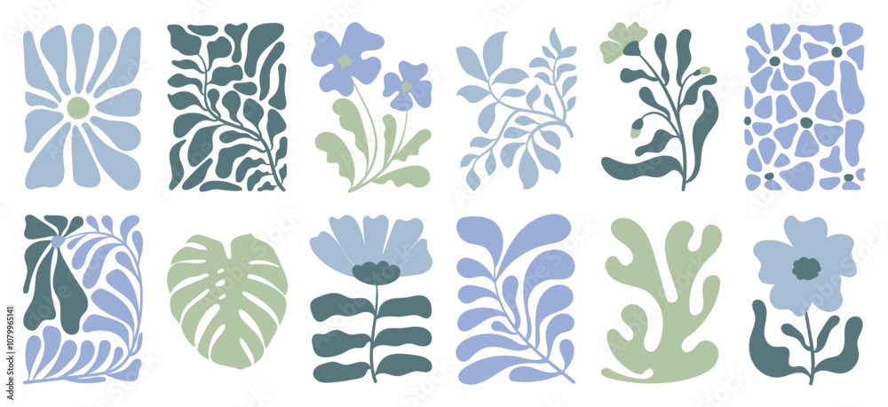 Poster botanical doodle background art vector set. flower and leaves abstract shape doodle art design for p