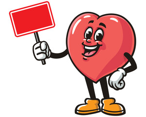 Love Heart with blank sign board,  Cartoon Mascot Illustration Character Vector Clip-art Hand-drawn Logo Design