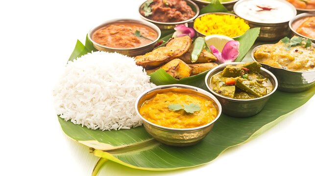 A banana leaf plate with various Indian dishes, including curries, and rice.
