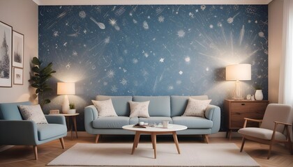 Scandinavian living room interior design zoom background,Doodle patterned wallpaper graphics