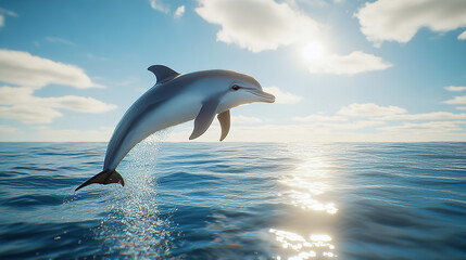 Fototapeta premium A realistic dolphin jumping out of the water, with a clear blue sky and the sun shining on it