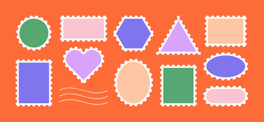 Colorful Postage Stamp Vector Frames Set. Postal Shapes Border. Vintage Blank Postmark Template is Different Forms Triangle, Rectangle, Oval, Circle, Heart For Letter, Post Card, Web Design.