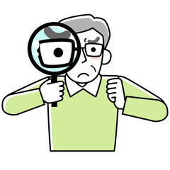 険しい表情で虫メガネをのぞくシニア男性の上半身